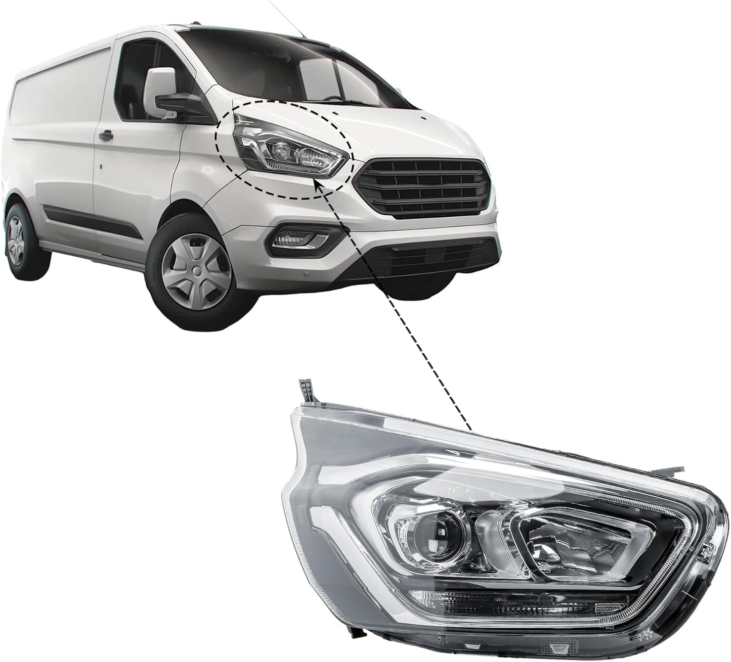 Aligoparts Driver Right Side Headlight Lamp O/S with Projector Electric Adjustment for Ford Transit Tourneo Custom 2020–2023