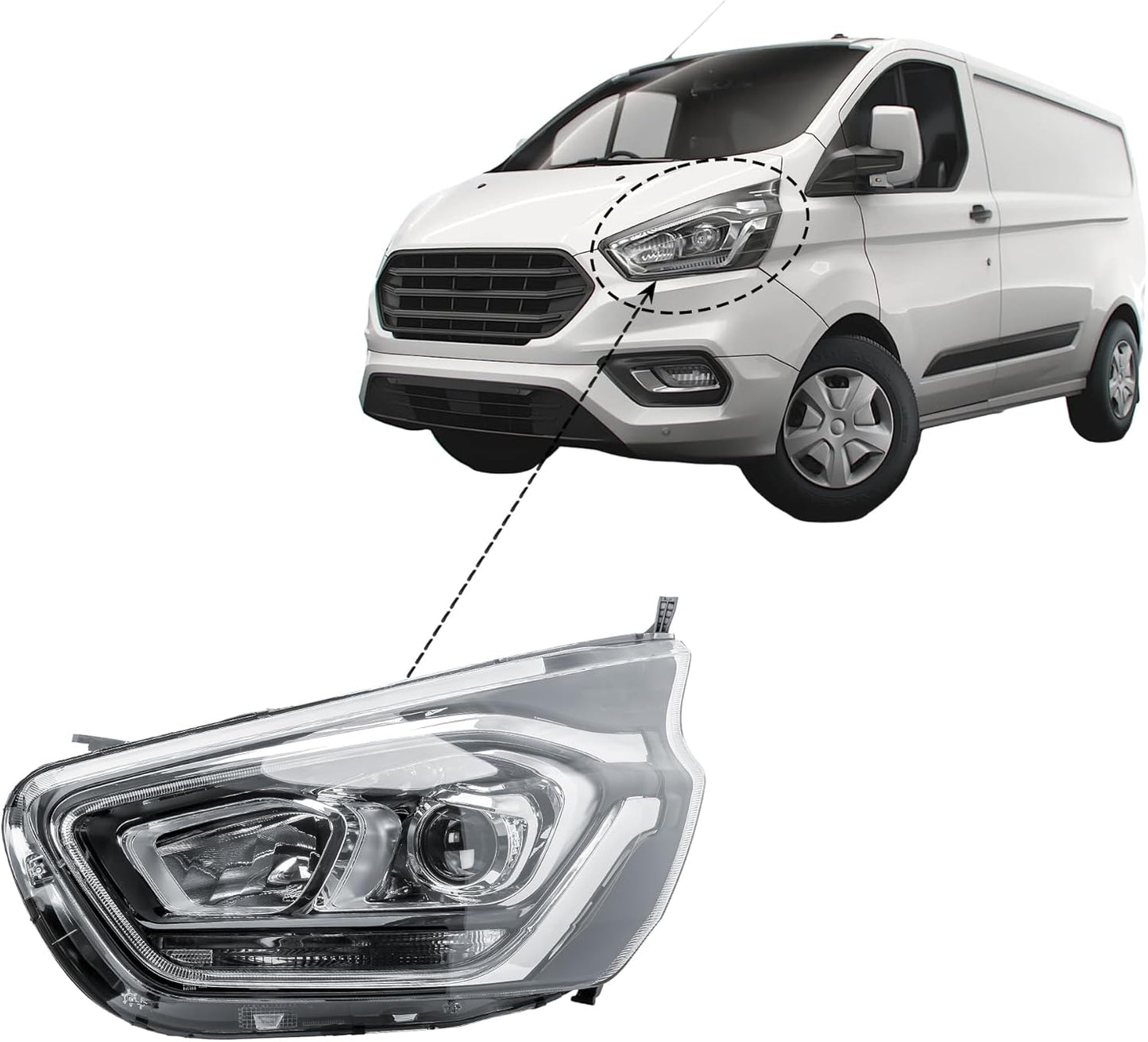 Aligoparts Passenger Left Side Headlight Lamp N/S with Projector Electric Adjustment for Ford Transit Tourneo Custom 2020–2023