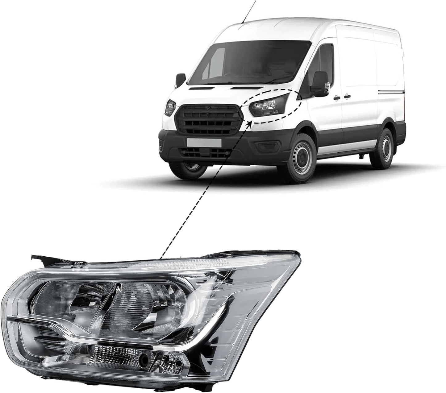 Aligoparts Passenger Left Side Headlight Lamp N/S Electric Adjustment Chrome Strip for Ford Transit MK8 2014–2026