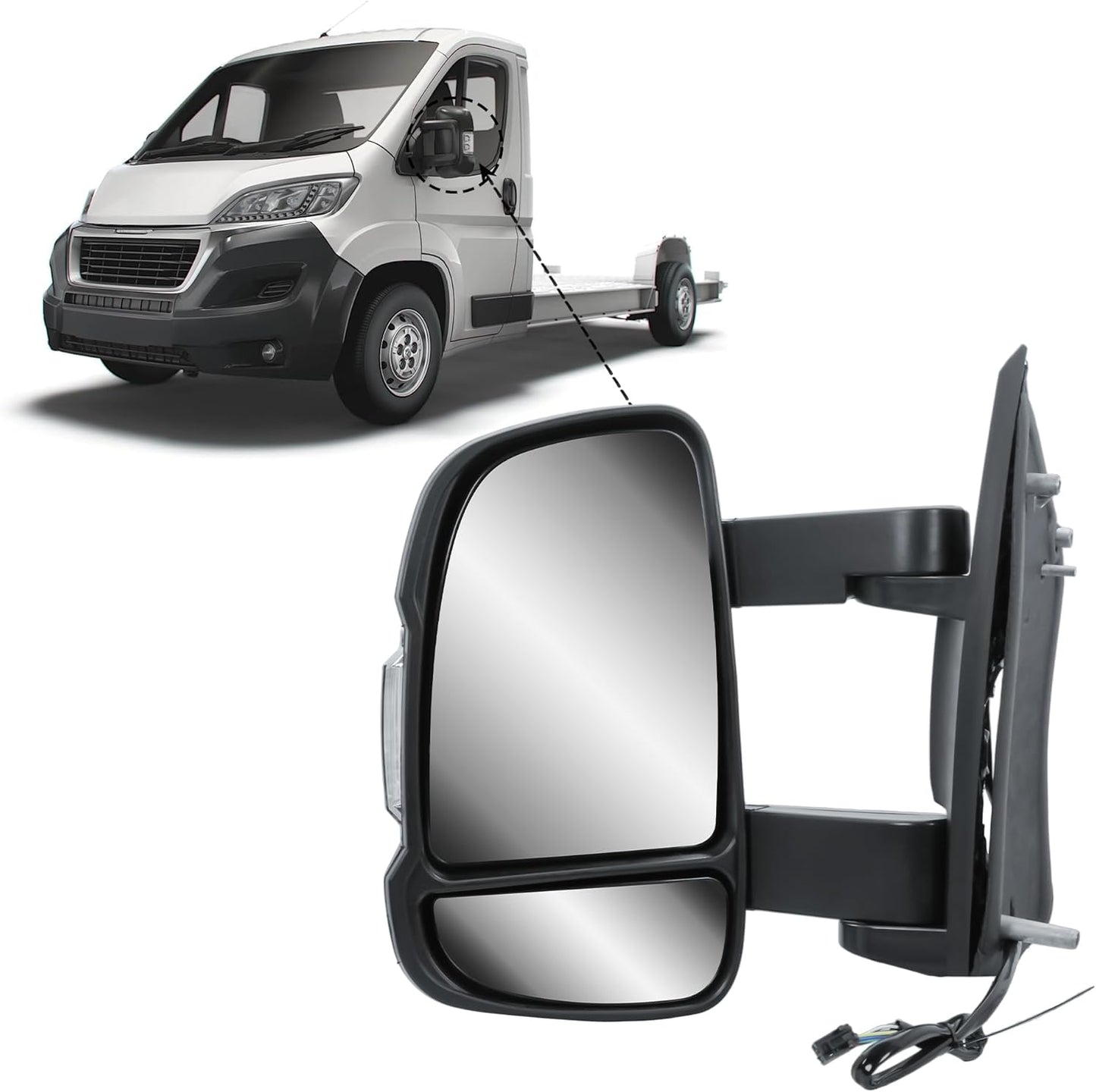 Aligoparts Passenger Left Side Door Wing Mirror N/S Electric Heated Manual Folding Long Arm for Fiat Ducato Peugeot Boxer Citroën Relay 2006–2023 Vauxhall Movano 2019–2023