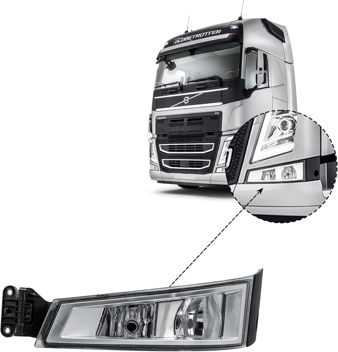Aligoparts Passenger Left Side N/S Fog Light Lamp Chrome Strip with Cornering Light 24V for Volvo FH FM Version 4 (2012–2020)