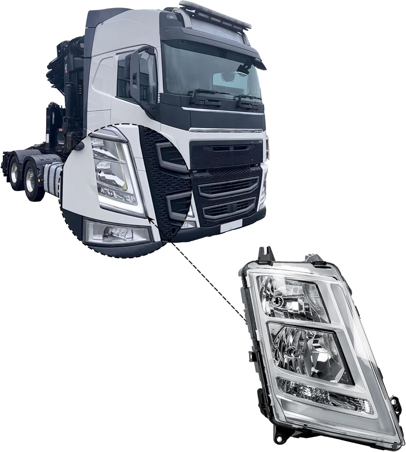 Aligoparts Driver Right Side O/S Headlight Lamp Electric Adjustment LED DRL 24V for Volvo FH FM Version 4 (2012–2020)